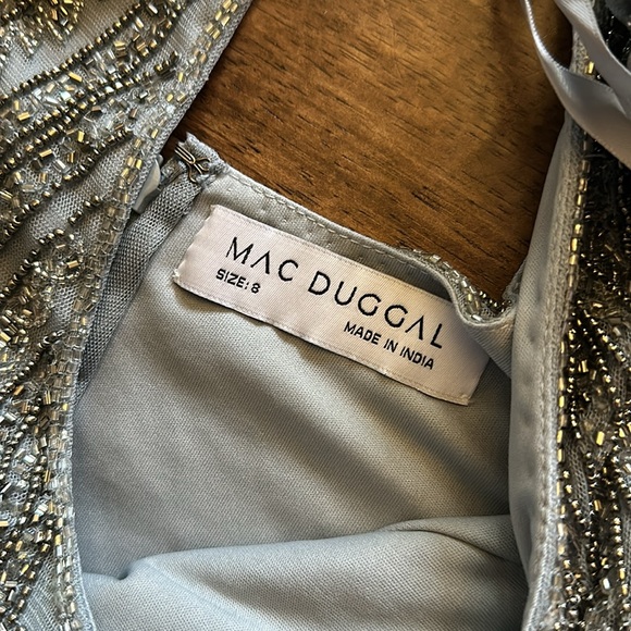 Mac Duggal 5434 Short Sleeve Silver Slate Blue Beaded Tea Length Dress Sz 8 NWT - Picture 7 of 14